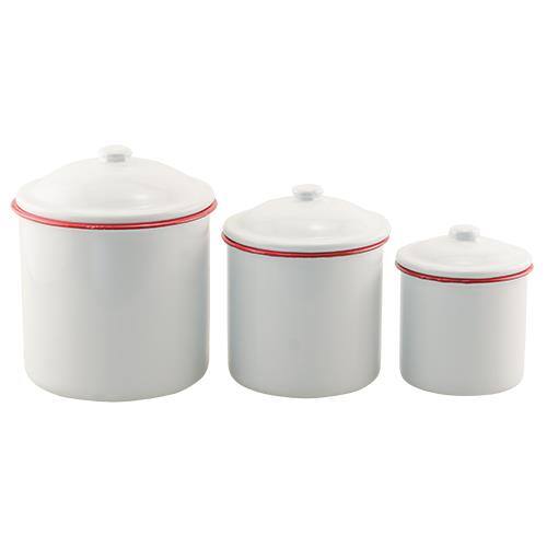 Front. BreeBe - *3/Set Red Rim Enamel Canisters - White.