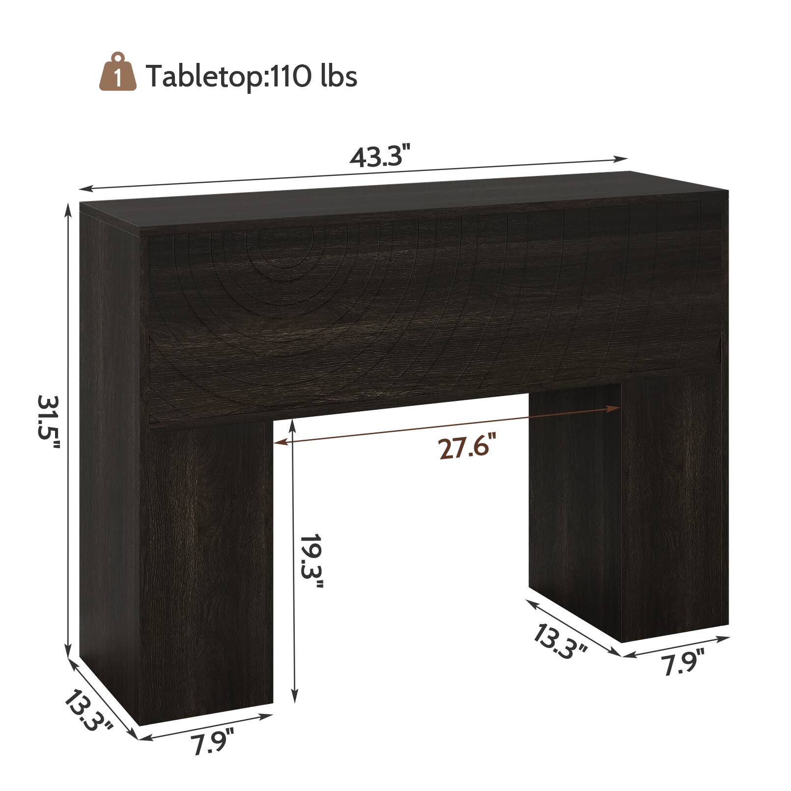 Tabletop: 110 lbs  
43.3" x 31.5" x 27.6" x 13.3" x 7.9" x 19.3" x 13.3" x 7.9"