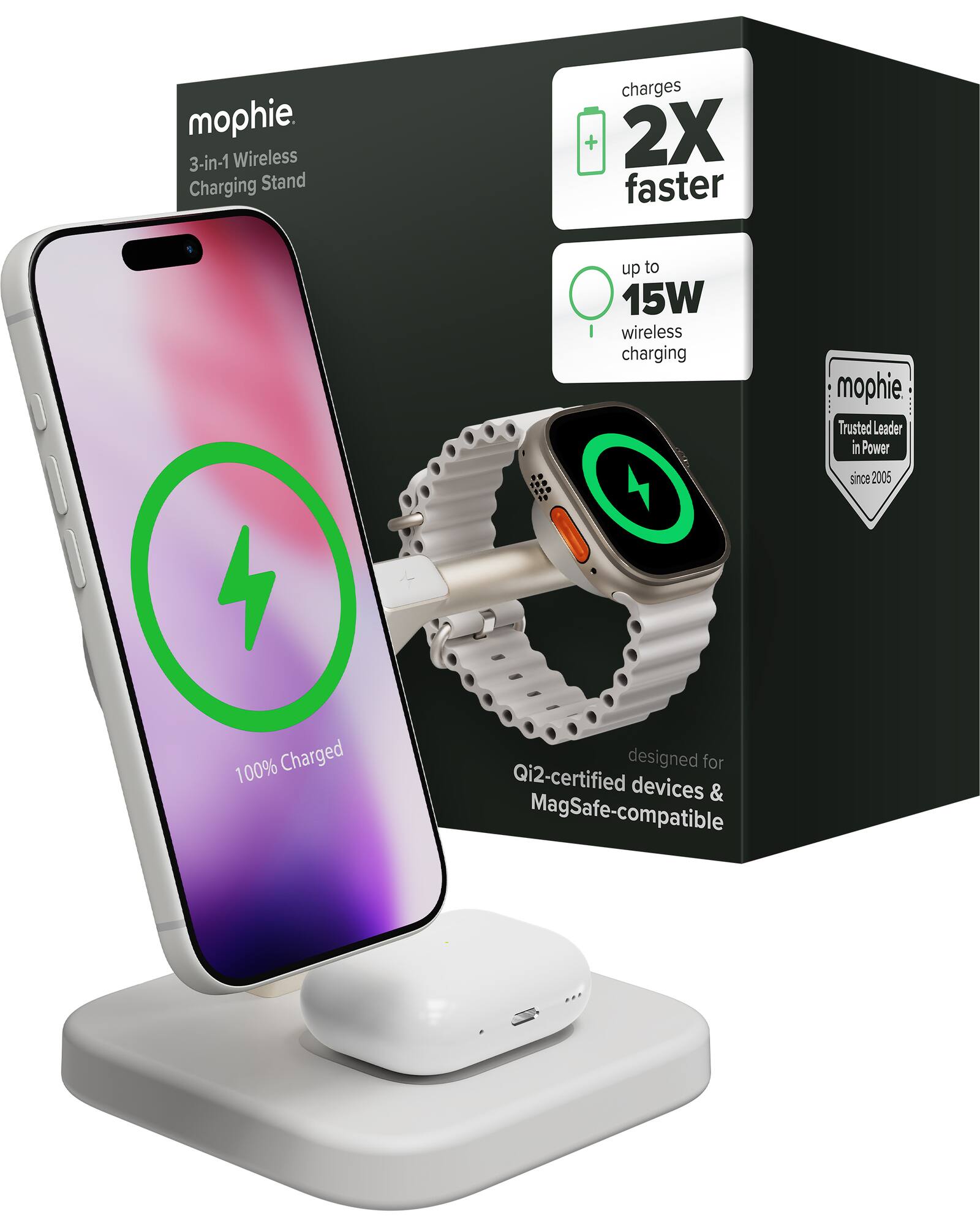 mophie 3-in-1 Wireless Charging Stand charges 2X faster up to 15W wireless charging. mophie Trusted Leader in Power since 2005. 100% Charged designed for Qi2-certified devices & MagSafe-compatible