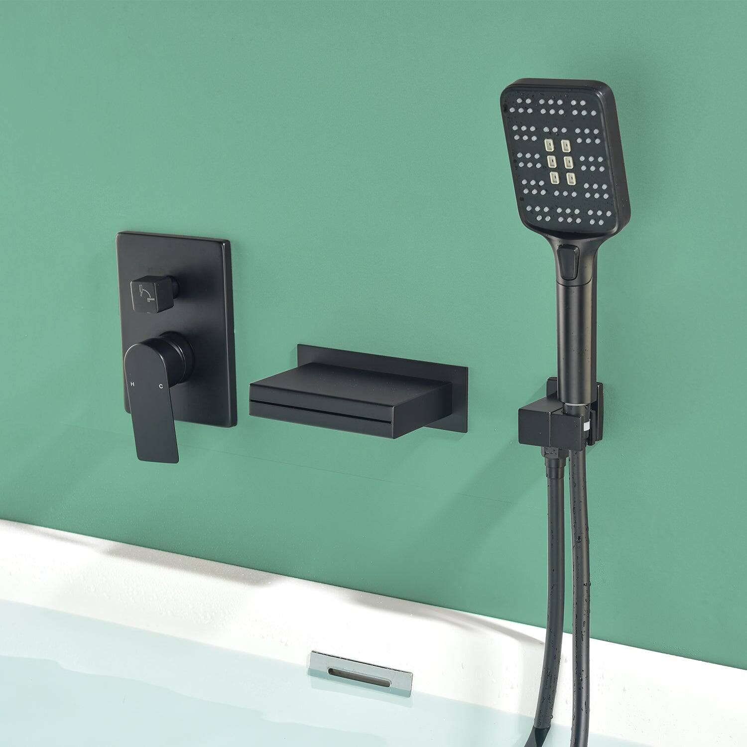 Alt View 2. Boyel Living - Black Bathtub Faucet 2-Function Brass Pressure Balance Valve 3-Function Hand Shower 1.5m PVC Hose - Matte Black.