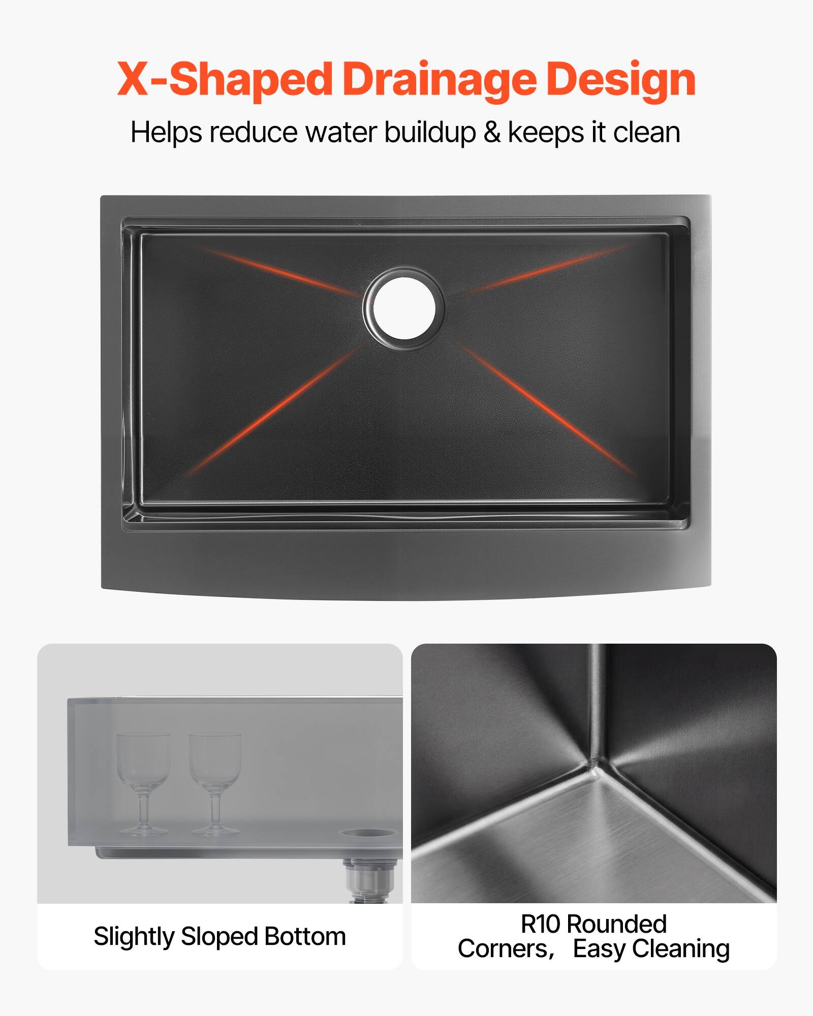 X-Shaped Drainage Design Helps reduce water buildup & keeps it clean  
Slightly Sloped Bottom  
R10 Rounded Corners, Easy Cleaning