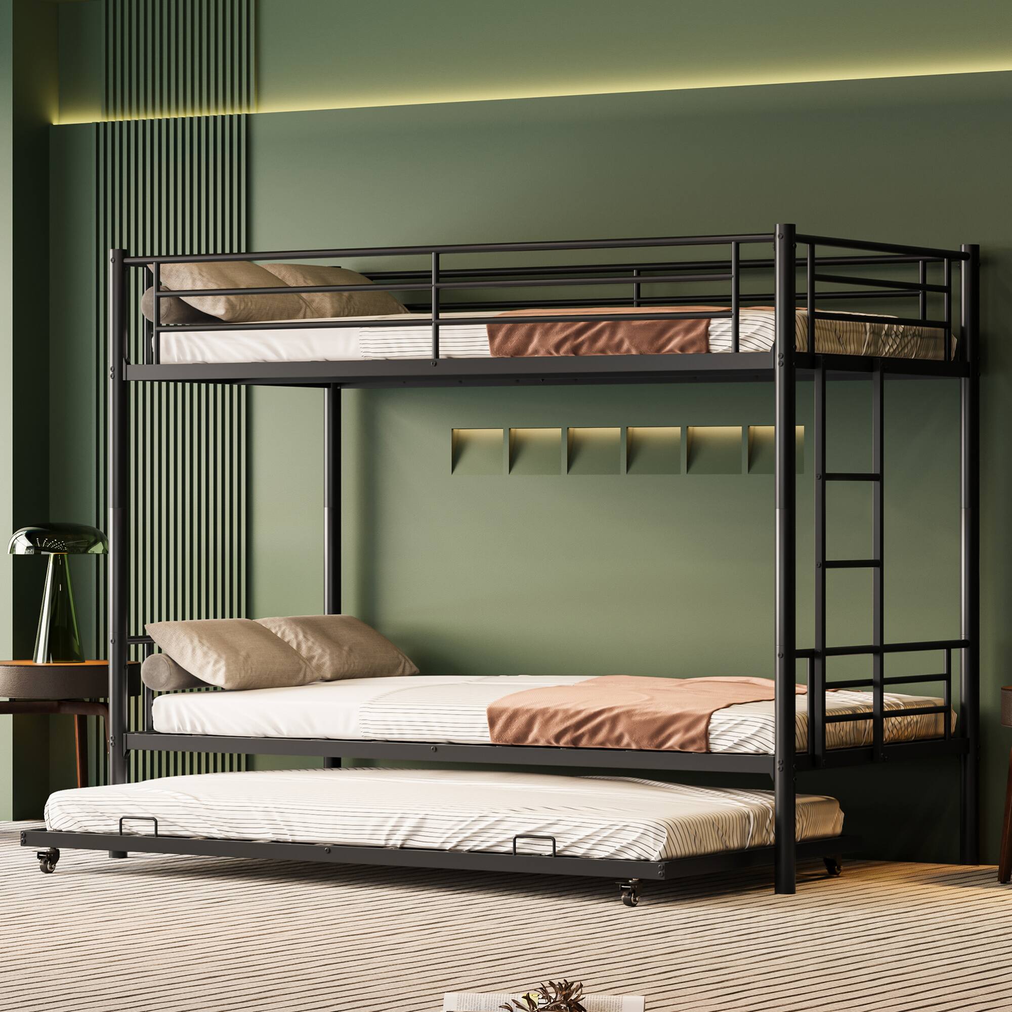 Back. GOODSILO - Twin Over Twin Metal Bunk Bed with Convertible Design and Trundle Option - Black.
