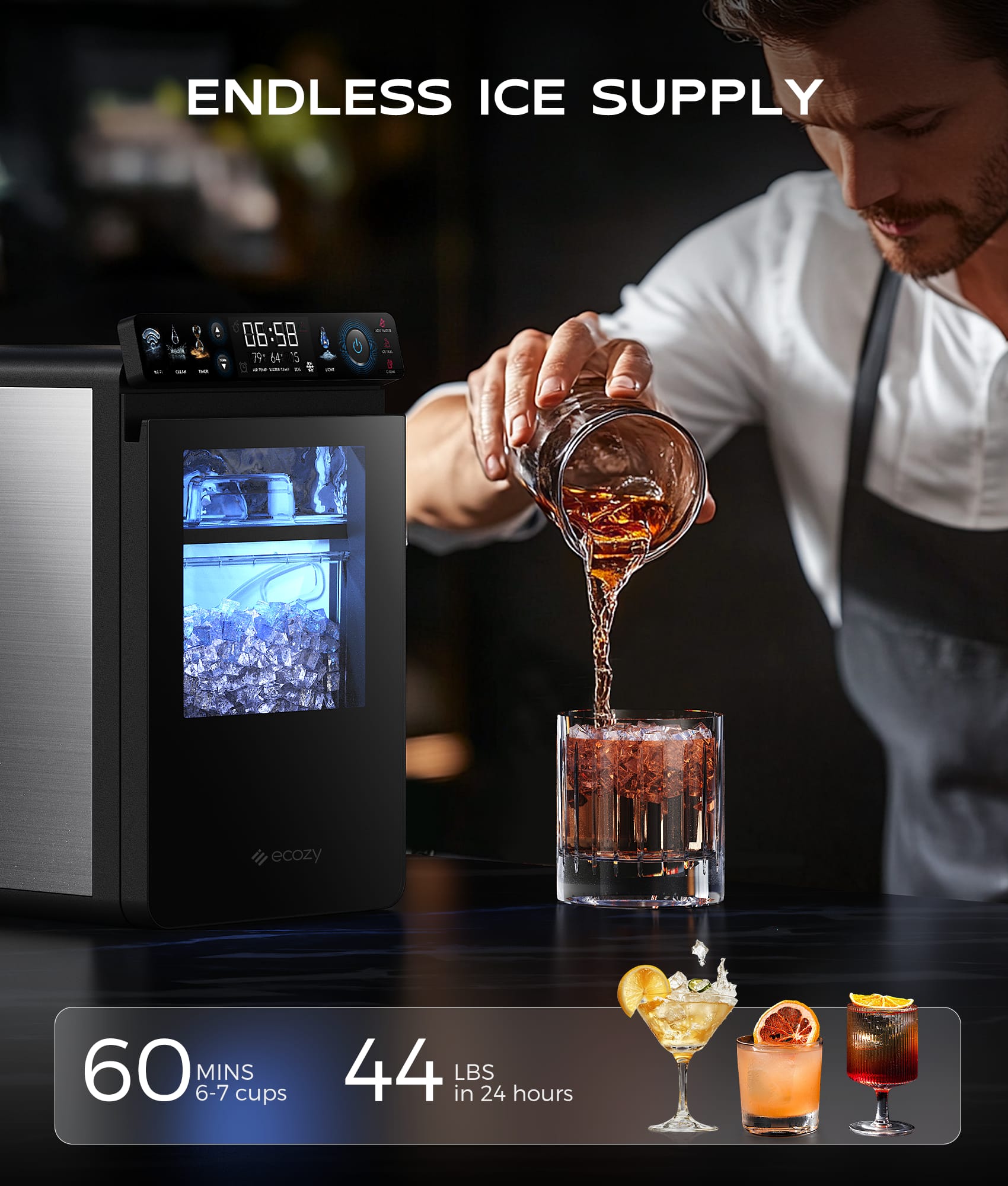 ENDLESS ICE SUPPLY 06:58 791645 79 64 5 e ecozy 60 6-7 MINS cups 44 in LBS 24 hours