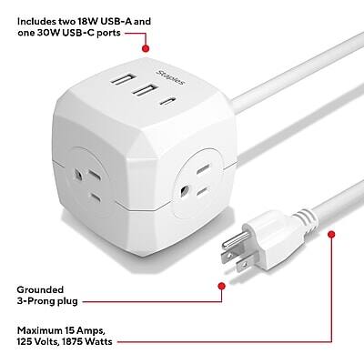 Includes two 18W USB-A and one 30W USB-C ports  
Grounded 3-Prong plug  
Maximum 15 Amps, 125 Volts, 1875 Watts
