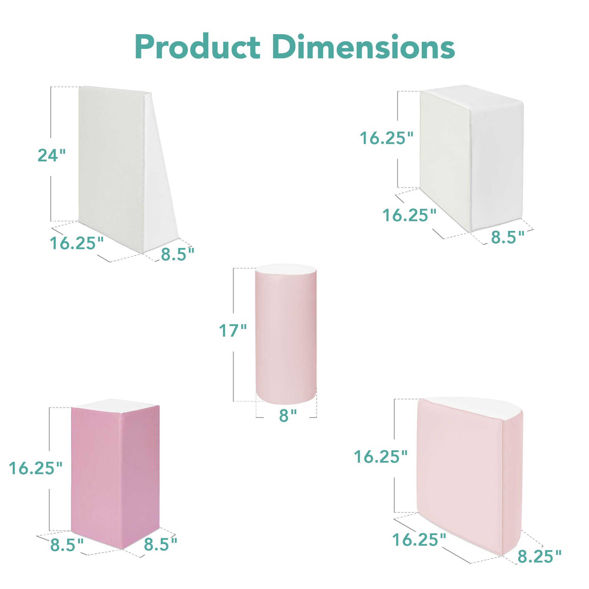 The corrected and grouped product dimensions are:

- 24" x 16.25" x 8.5"
- 16.25" x 16.25" x 8.5"
- 17" x 8" x 16.25"
- 16.25" x 8.5" x 8.5"
- 16.25" x 8.25"