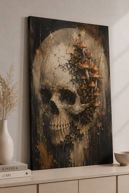 FC Design - Large Woodland Skull Wall Art Canvas Print 24x36" Rustic Mushroom Nature Painting for Home Decor - MultiColor
