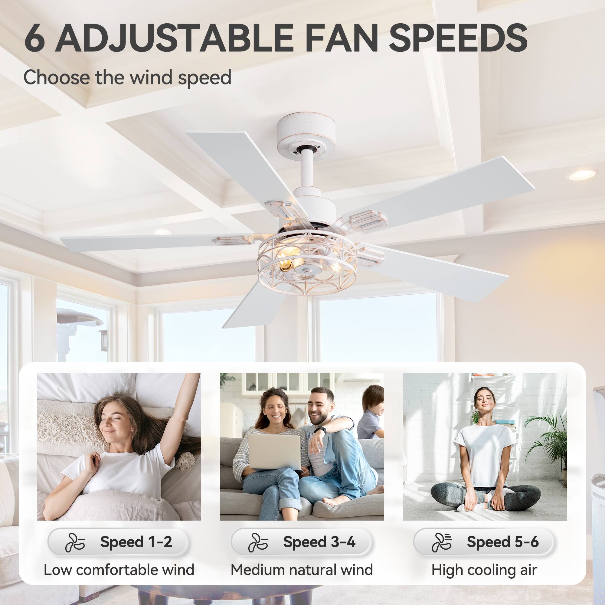 6 ADJUSTABLE FAN SPEEDS
Choose the wind speed
Speed 1-2 Low comfortable wind
Speed 3-4 Medium natural wind
Speed 5-6 High cooling air