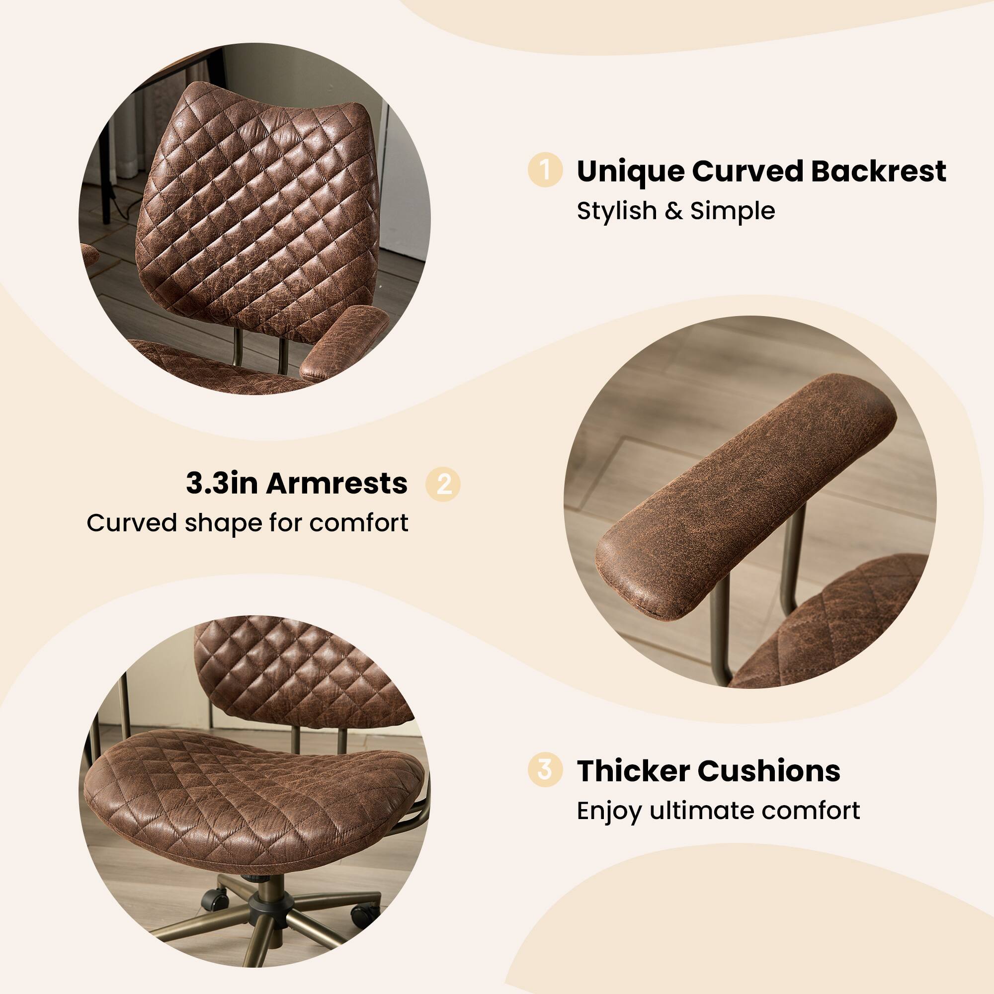 1. Unique Curved Backrest  
   Stylish & Simple

2. 3.3in Armrests  
   Curved shape for comfort

3. Thicker Cushions  
   Enjoy ultimate comfort