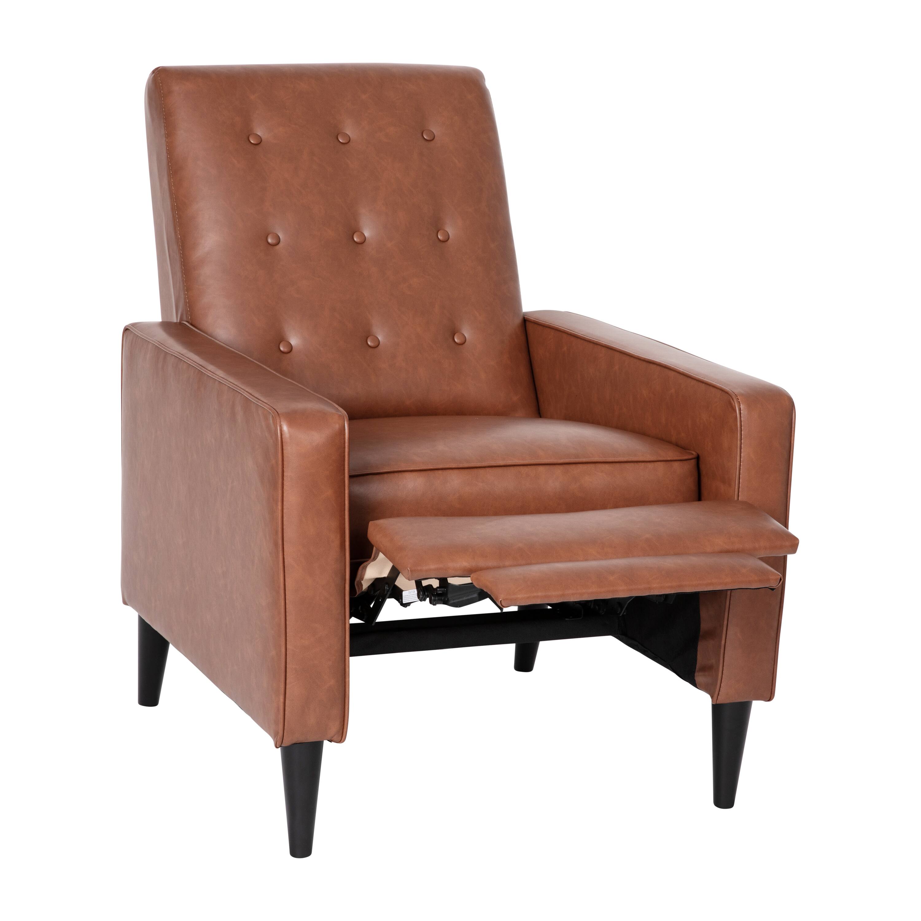 Alt View 9. Emma + Oliver - Jules Mid-Century Modern Button Tufted Upholstered Easy Pushback Recliner with Wooden Legs - Cognac Brown.