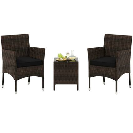 Front. Pefilos - 3 Pieces Outdoor Conversation Set with Cushioned Seat and Glass Tabletop, Patio Furniture Set for Outdoor as Garden - Black.