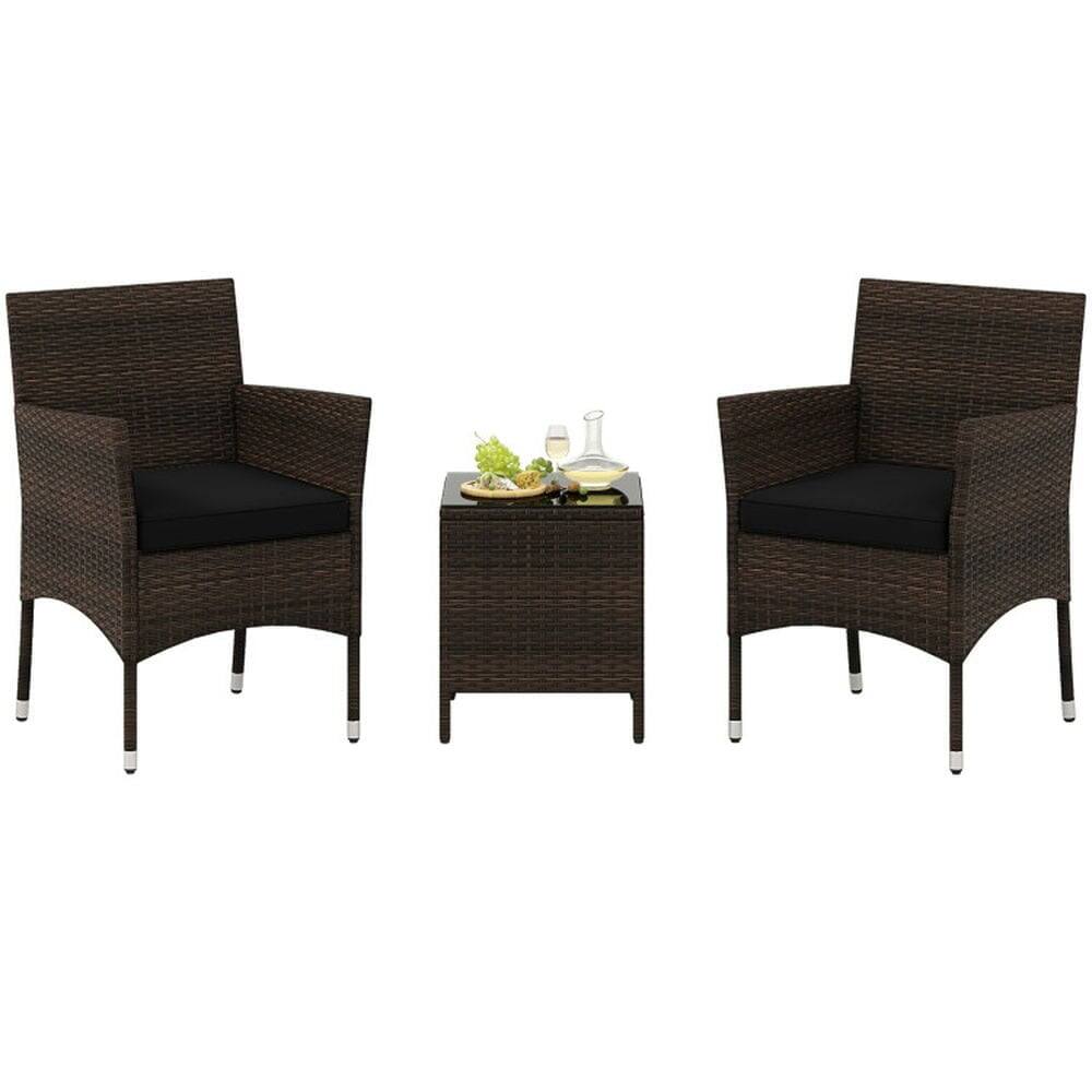 Front. Pefilos - 3 Pieces Outdoor Conversation Set with Cushioned Seat and Glass Tabletop, Patio Furniture Set for Outdoor as Garden - Black.
