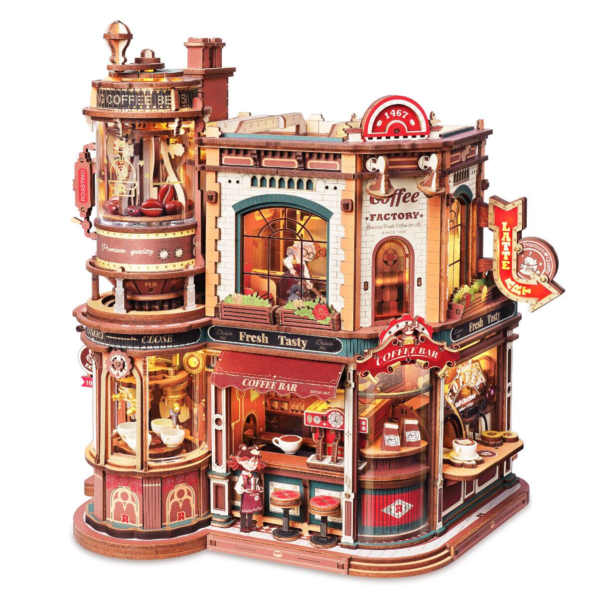 Robotime - Coffee Factory 3D Wooden Puzzle for Adults Mechanical Building Kit with Music Box & Warm LED Lights EAB02
