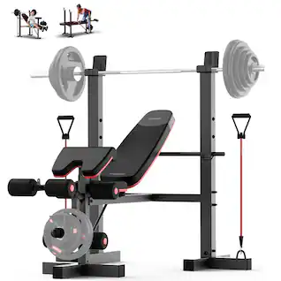 HARISON - 6 in 1 Weight Bench Set with Racks, Leg Extension, Preacher Curl & Resistance Bands, 660LB (BBG30813) - Black