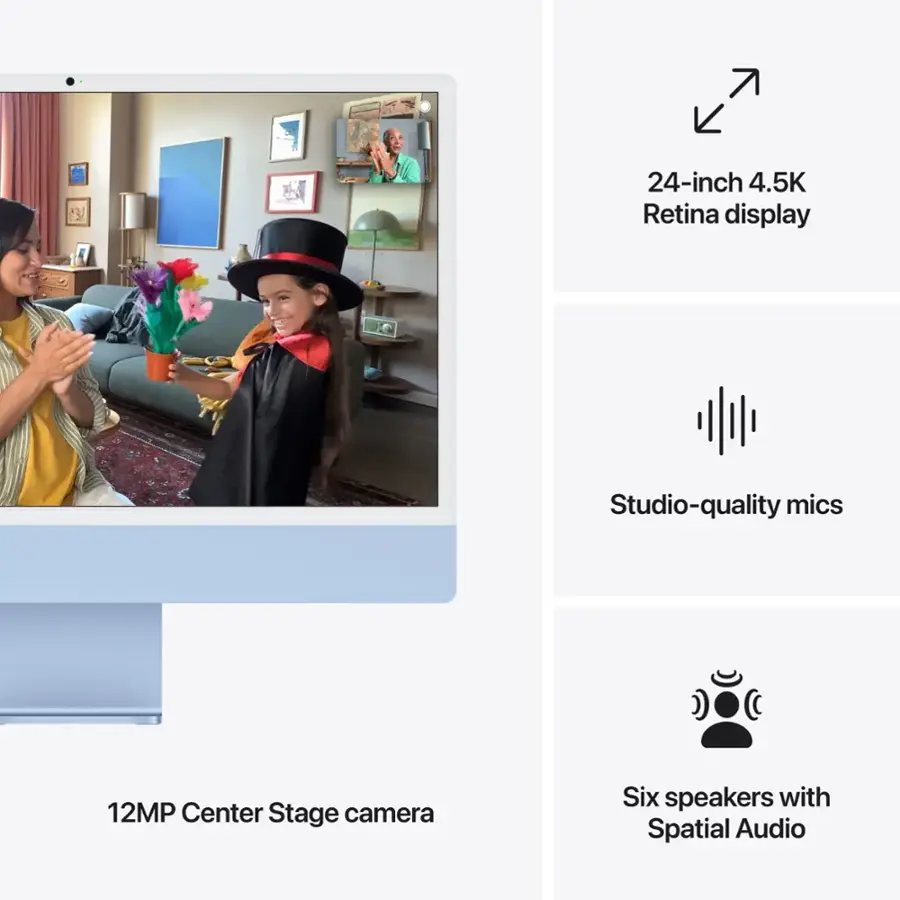 The text on the image can be grouped and corrected as follows:

* Display: 24-inch 4.5K Retina display
* Audio: Studio-quality mics, 12MP Center Stage camera, Six speakers with Spatial Audio