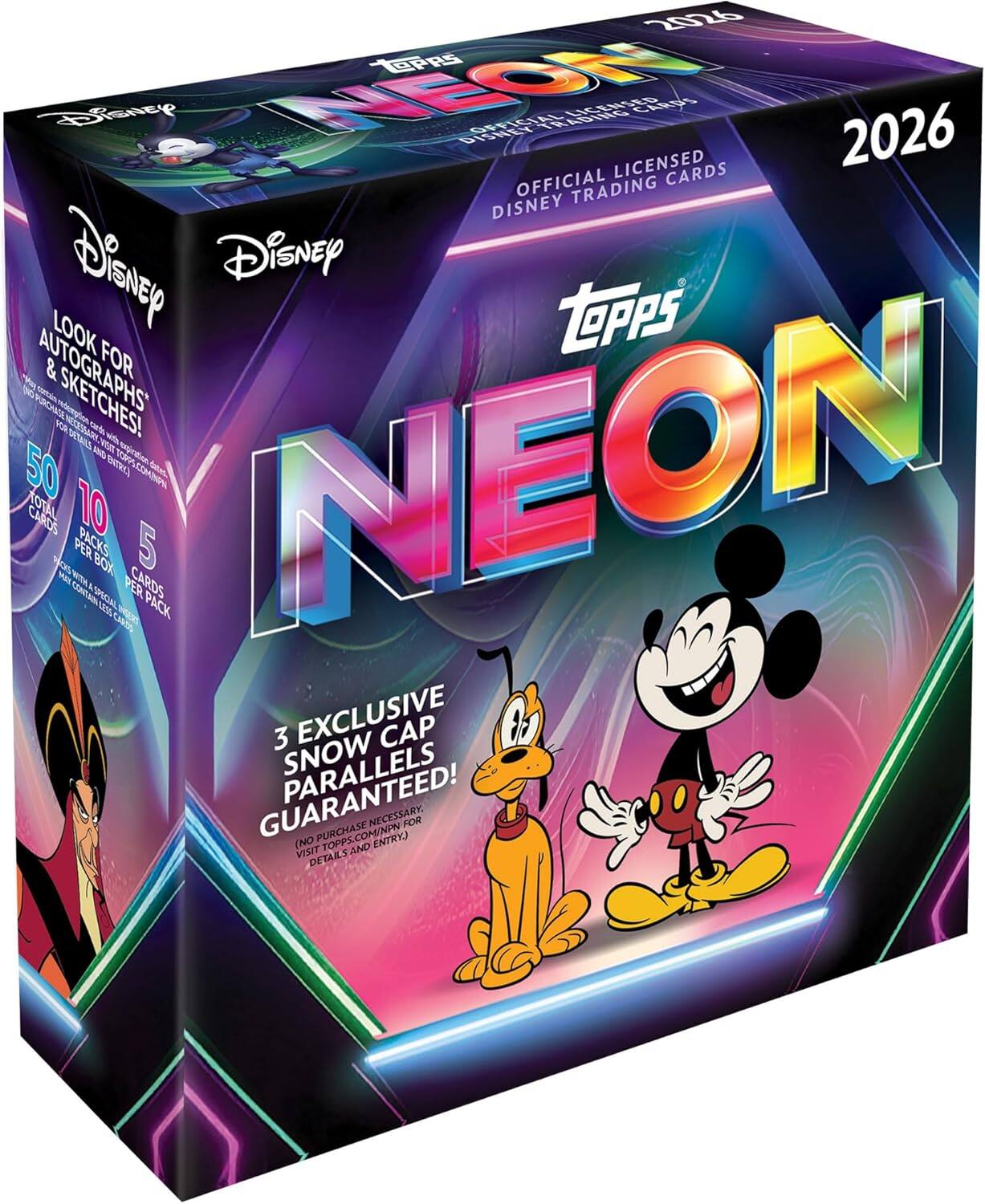 2026  
Topps Disney Neon  
Official Licensed Disney Trading Cards  

Look for Autographs & Sketches!  

50 Total Cards  
10 Packs per Box  
5 Cards per Pack  

3 Exclusive Snow Cap Parallels Guaranteed!  

No Purchase Necessary. Visit Topps.com/Disney for Details and Entry.