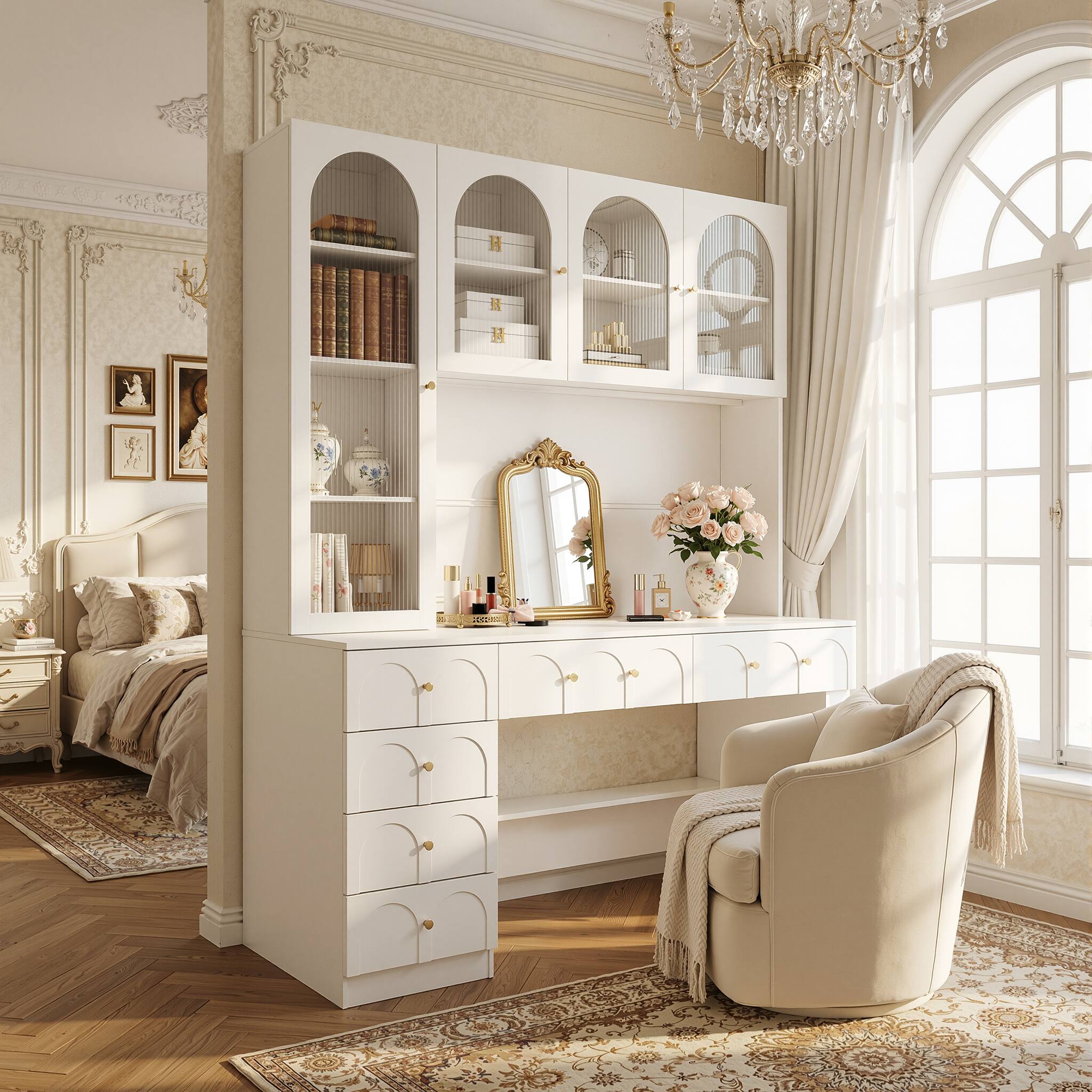 Alt View 10. Famapy - French Vintage Vanity & Desk Combo – White Arched Cabinet with Drawer, Glass Doors, for Bedroom or Home Office - White.