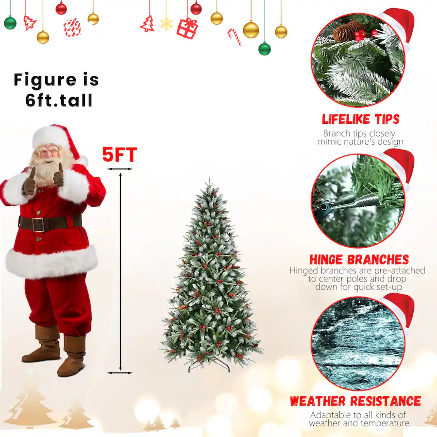 Boyel Living 5 ft. Christmas Tree with 1131 Tips Snow Dusted PE PVC ...