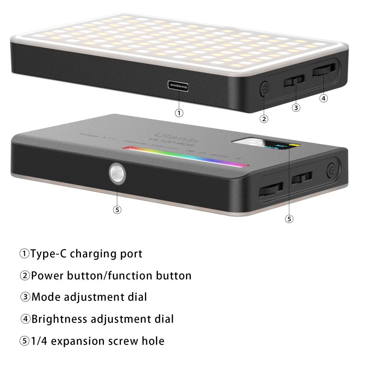 1. Type-C charging port
2. Power button/function button
3. Mode adjustment dial
4. Brightness adjustment dial
5. 1/4 expansion screw hole