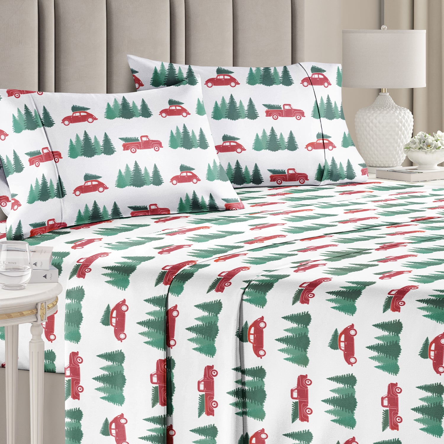 CGK Linens - 4 Piece Christmas Pattern Sheet Set - Soft, Wrinkle-Resistant Holiday Bedding - King - Truck