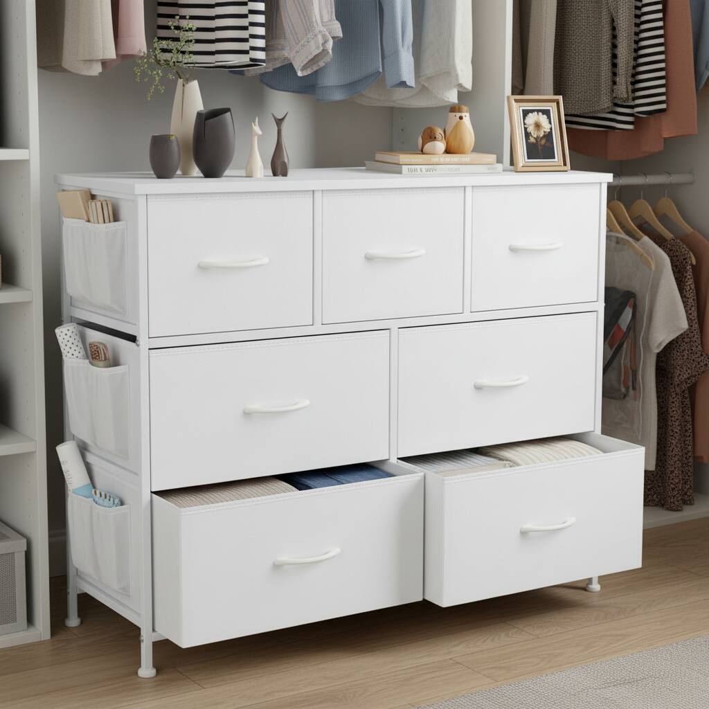 Alt View 6. AOITUN - 7 Drawer Dresser for Bedroom, TV Stand for 45 Inch TV, Fabric Storage Chest with Wood Top, Sturdy Media Console, White - White.
