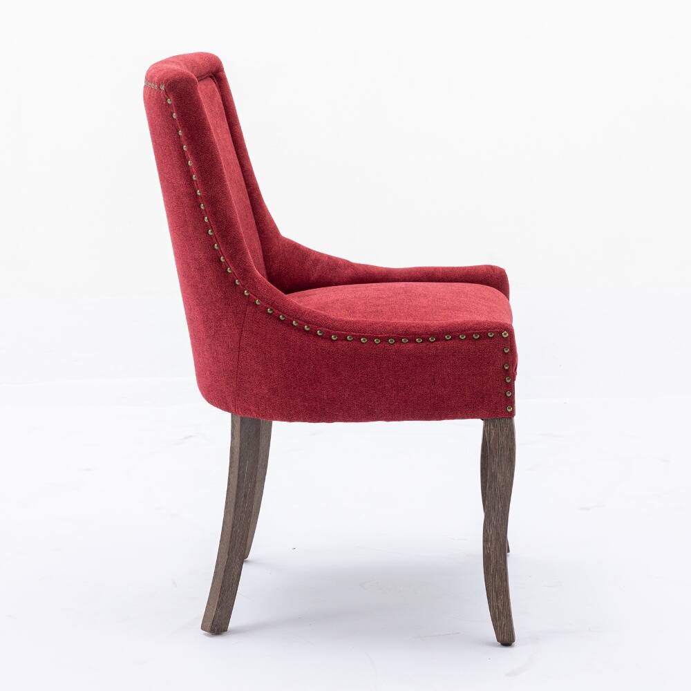 Back. Loheer - Loheer Wine Red Dining Chairs Set of 2 Burgundy Fabric Solid Wood Legs Bronze Nailhead Trim Mid-Century Modern - Wine Red.