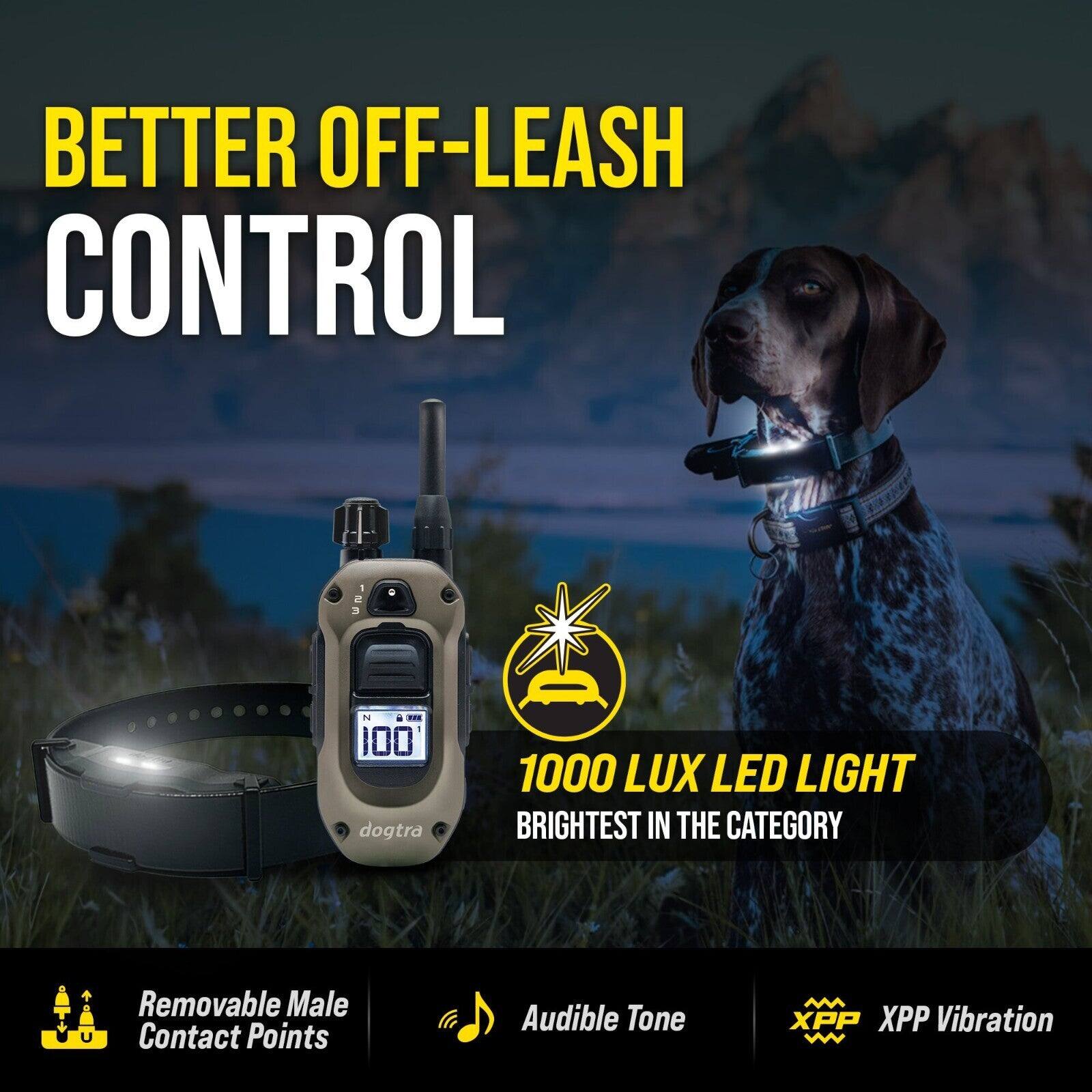 BETTER OFF-LEASH CONTROL

1000 LUX LED LIGHT
BRIGHTEST IN THE CATEGORY

Removable Male Contact Points
Audible Tone
XPP Vibration