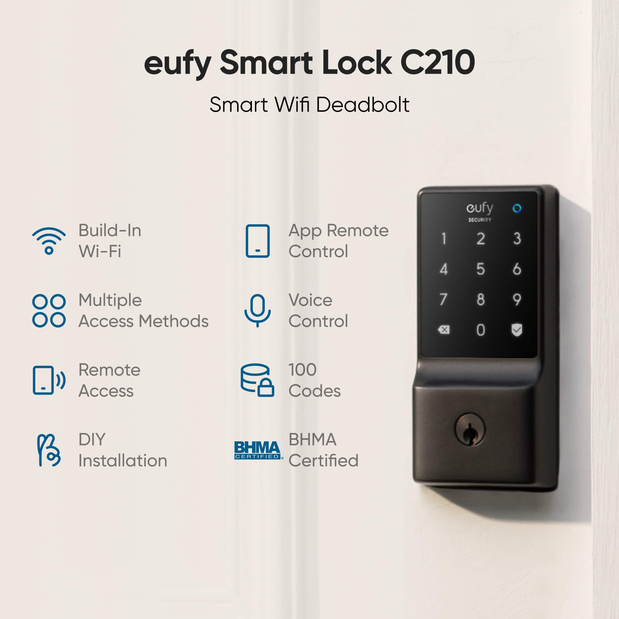 eufy Smart Lock C210 Smart Wifi Deadbolt Build-In Wi-Fi App Remote Control Multiple Access Methods Voice Control Remote Access 100 Codes DIY Installation BHMA Certified