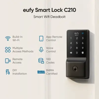 eufy Security C210 Black Smart Lock Wi-Fi with 5-in-1 Ways to Unlock by Mobile App, Keypad, Key, Apple Watch and Smart Assistants