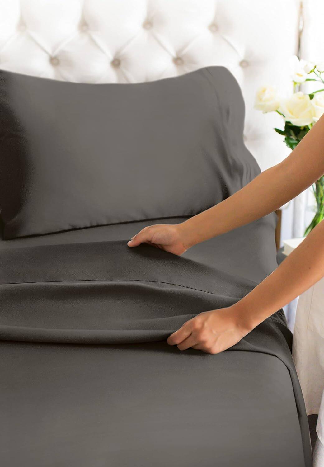 Back. CGK Linens - 100% Cotton 400 TC 4 Piece Sheet Set - Extra Deep Pocket for 18"-24" Mattresses - King - Dark grey.