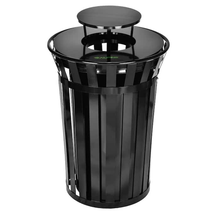 Alpine Industries - 38 Gallon Outdoor Metal Recycling Bin Trash Can with Rain Bonnet Lid and Liner - Black