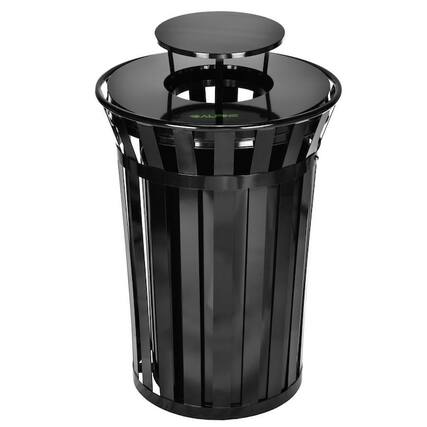 Front. Alpine Industries - 38 Gallon Outdoor Metal Recycling Bin Trash Can with Rain Bonnet Lid and Liner - Black.