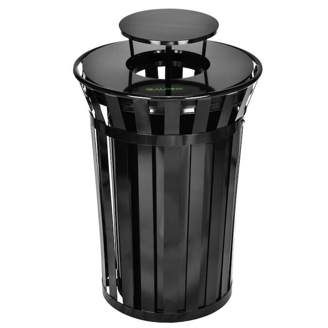 Front. Alpine Industries - 38 Gallon Outdoor Metal Recycling Bin Trash Can with Rain Bonnet Lid and Liner - Black.