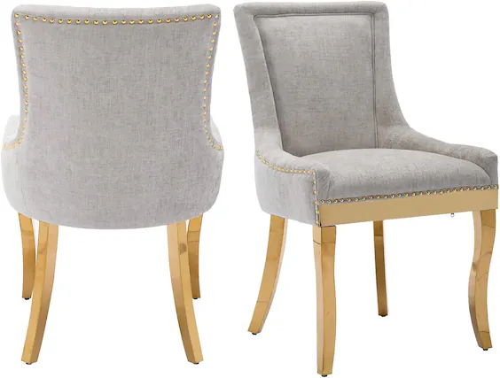 Front. Trinkets Crazed - Chenille Fabric Upholstered Side Chairs Set of 2, Solid Wood Kitchen Dining Room Chairs with Nailheads Solid Wood Legs - beige+gold.