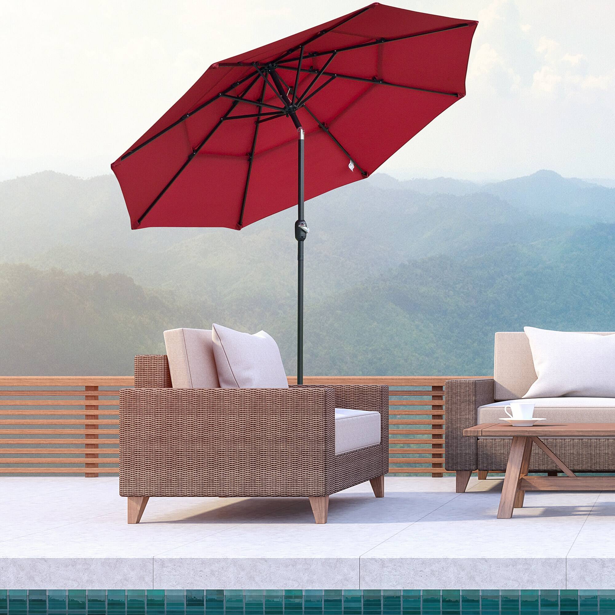 Alt View 1. Outsunny - 9FT 3 Tiers Patio Umbrella Outdoor Market Umbrella with Crank, Push Button Tilt for Deck, Backyard and Lawn - Wine Red.