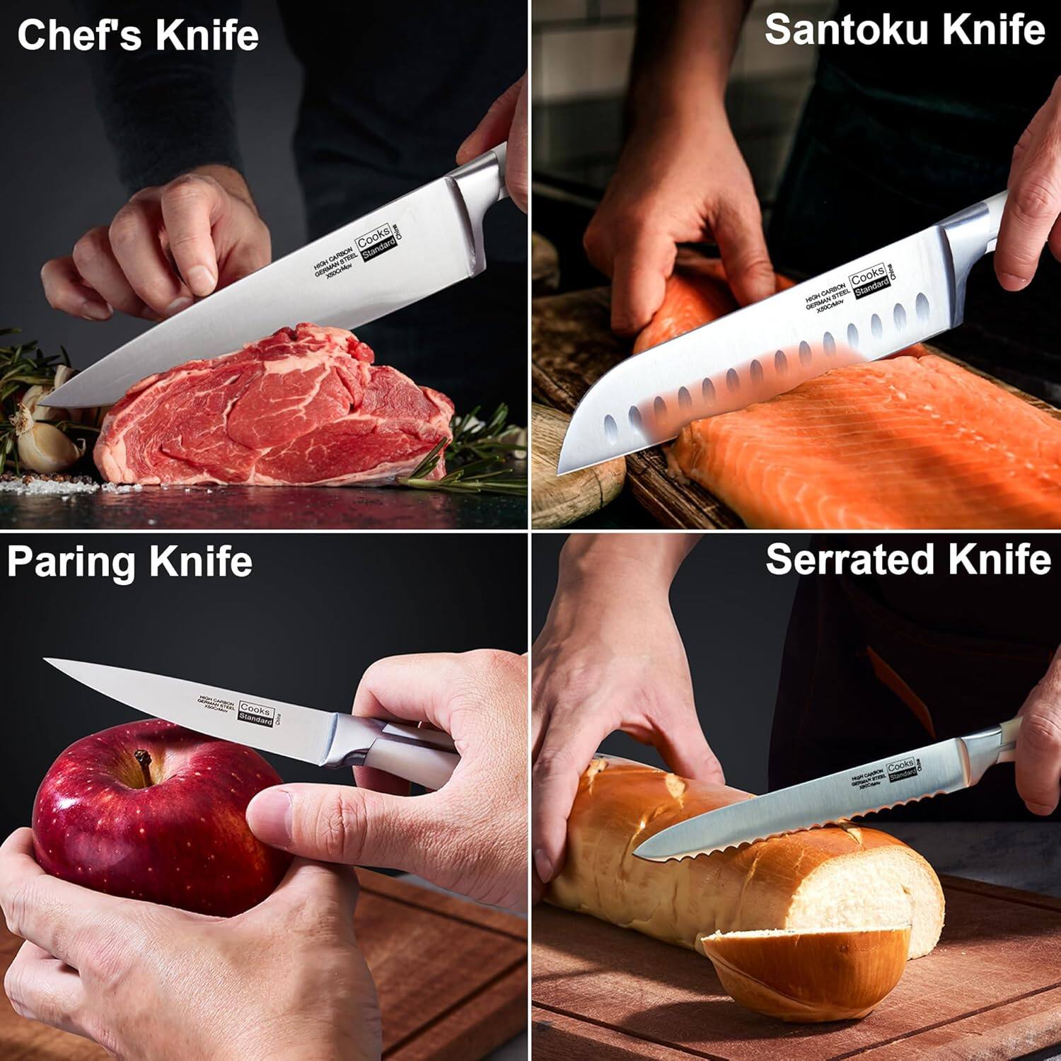 Chef's Knife  
Santoku Knife  
Paring Knife  
Serrated Knife  
- Cooks Standard