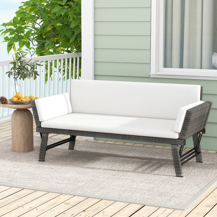 Left. SlickBlue - Outdoor Convertible Sofa Daybed with Adjustable Armrests for Balcony or Patio - Off White.