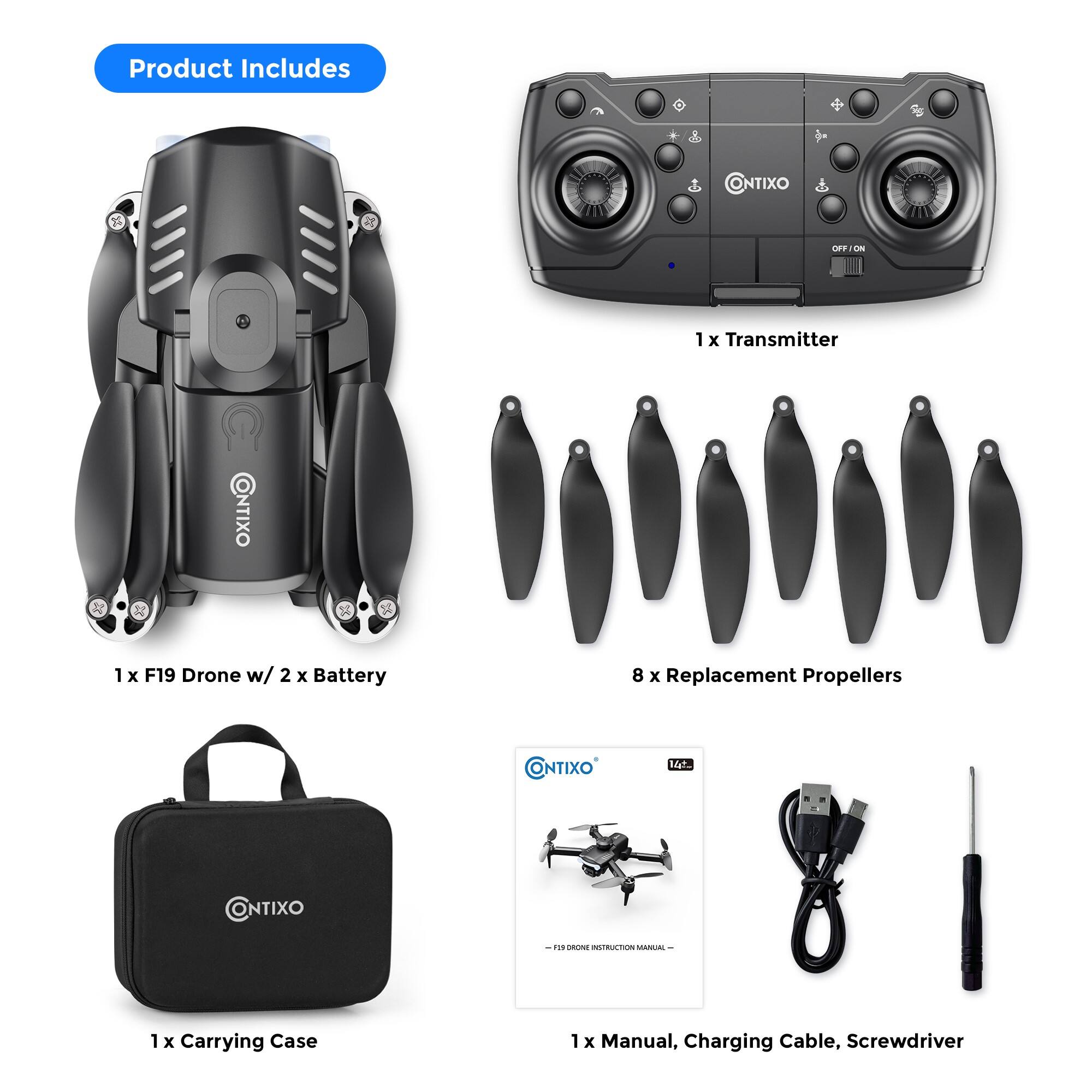 Product Includes:

1. NTIXO Transmitter
2. F19 Drone with 2 Batteries
3. 8 Replacement Propellers
4. Carrying Case
5. Manual
6. Charging Cable
7. Screwdriver