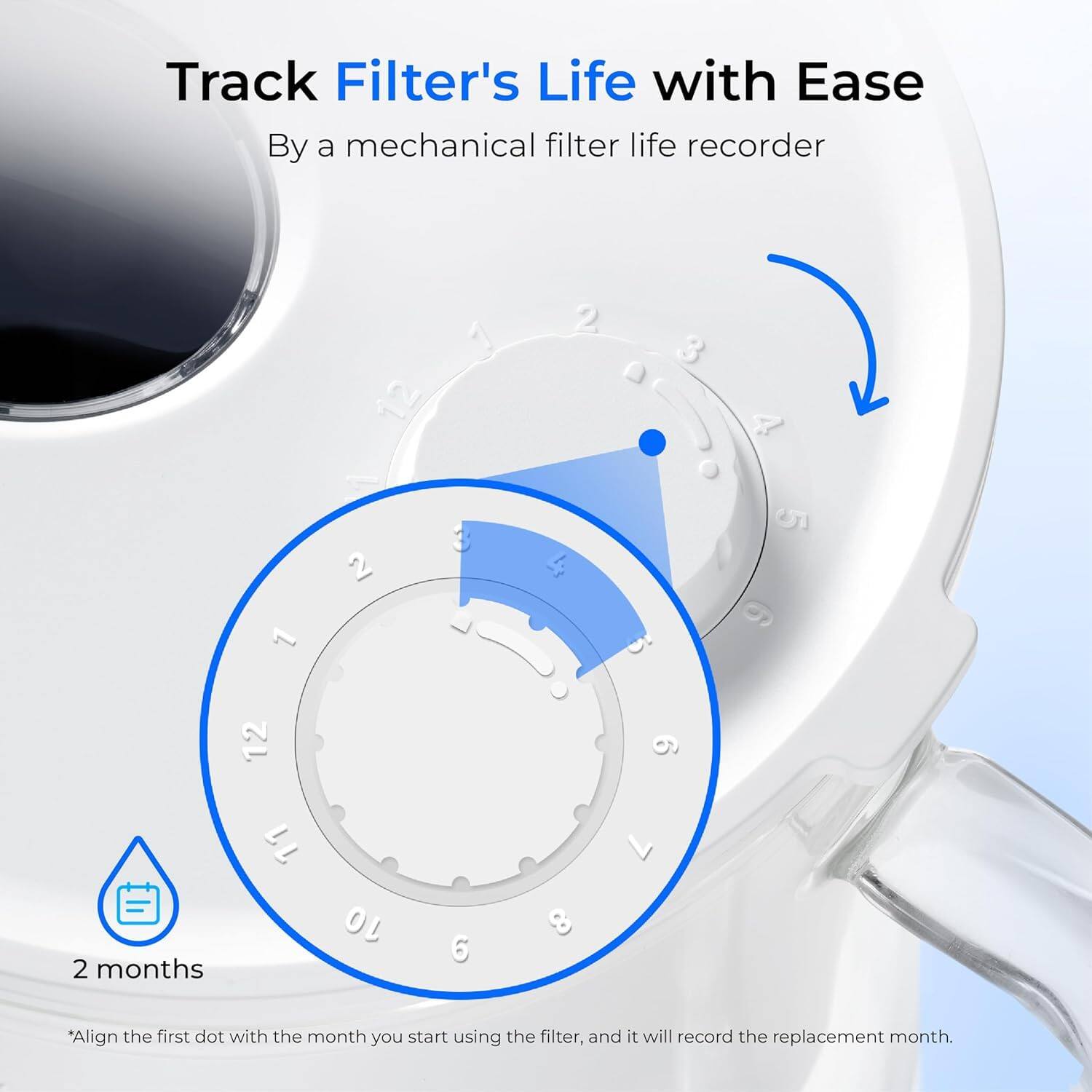 Track Filter's Life with Ease  
By a mechanical filter life recorder  

Align the first dot with the month you start using the filter, and it will record the replacement month.  

2 months