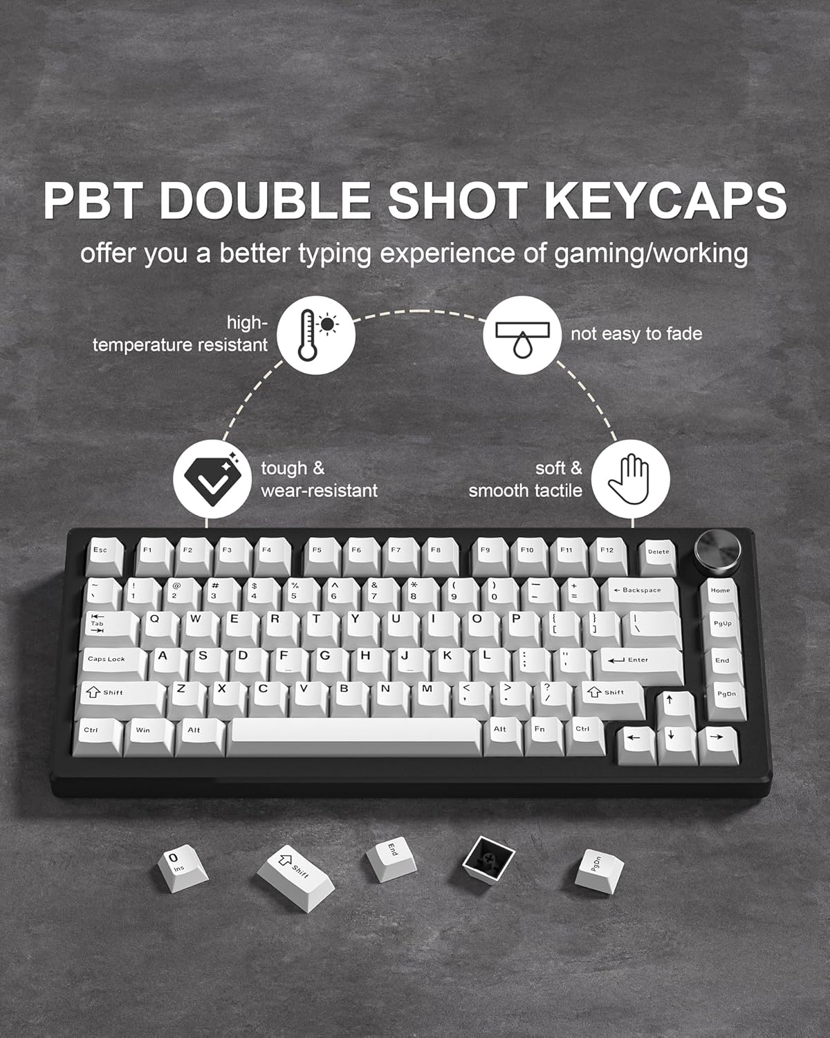 PBT DOUBLE SHOT KEYCAPS offer you a better typing experience of gaming/working. They are high-temperature resistant, not easy to fade, tough & wear-resistant, and have a soft & smooth tactile feel.