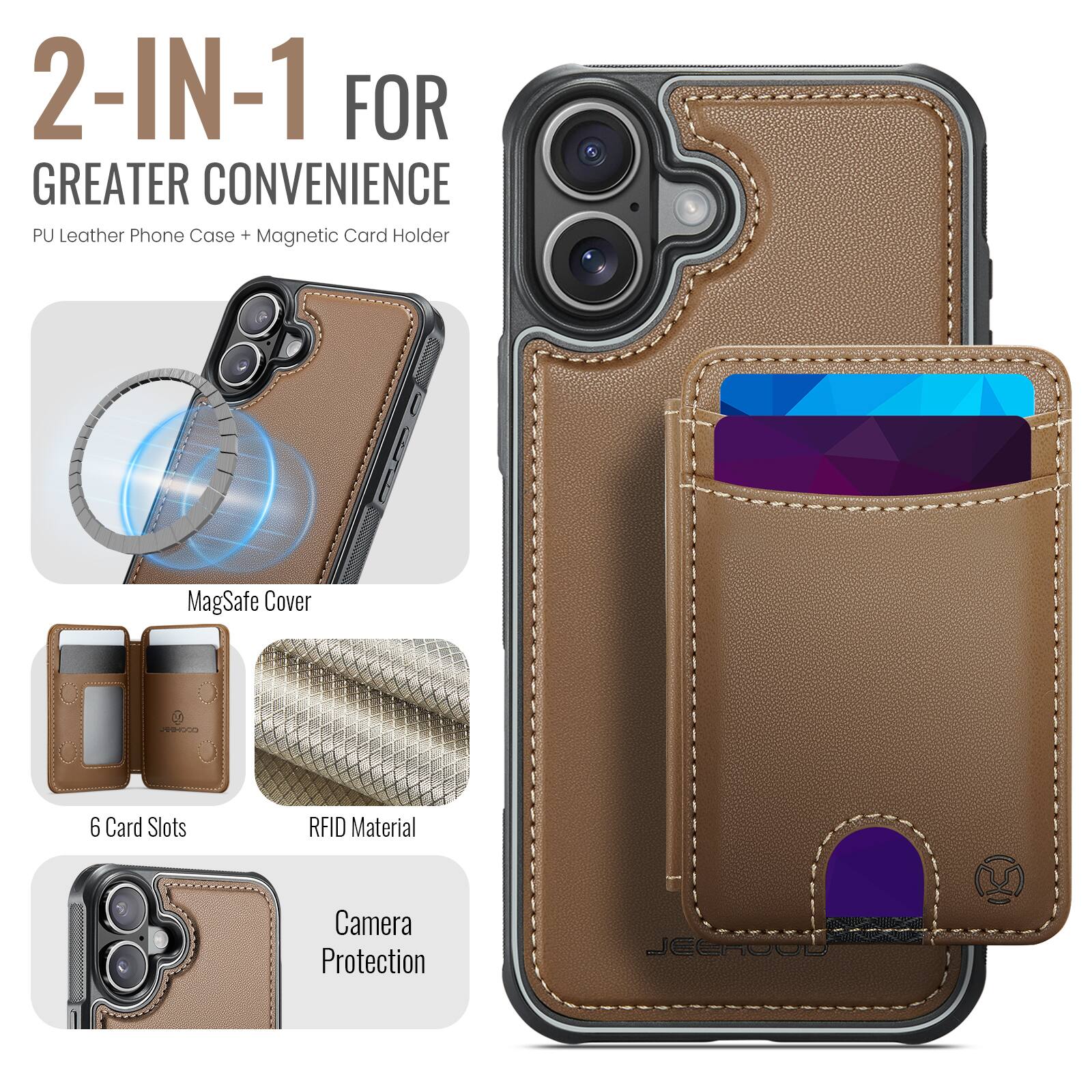 2-IN-1 FOR GREATER CONVENIENCE  
PU Leather Phone Case + Magnetic Card Holder  
MagSafe Cover  
6 Card Slots  
RFID Material  
Camera Protection