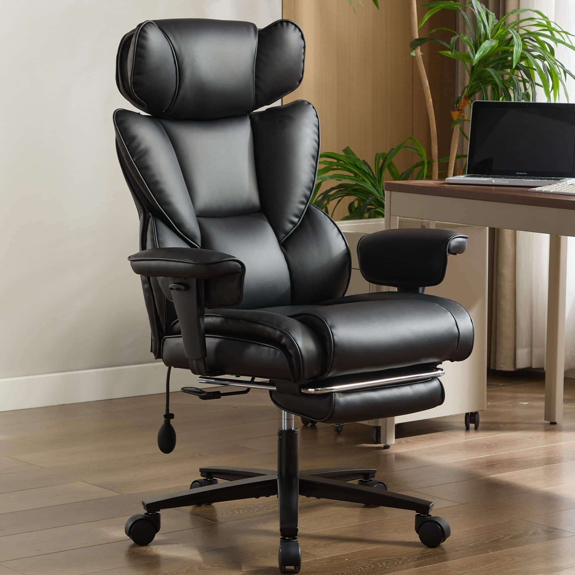 Akoasm - High-Back Leather Ergonomic Gaming Chair Office Chair with Foot Rest and Adjustable Height Headrest - Black