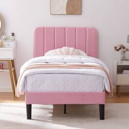 Vecelo - Upholstered Twin Size Platform Bed Frame with Adjustable Headboard,Velvet Bed Frame No Box Spring Needed - Pink