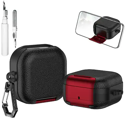 Front. Dteck - Case for Samsung Galaxy Buds 4 / Buds 4 Pro with Phone Holder & Keychain,Leather Texture Earbuds Cover for Man Women - Red Black.