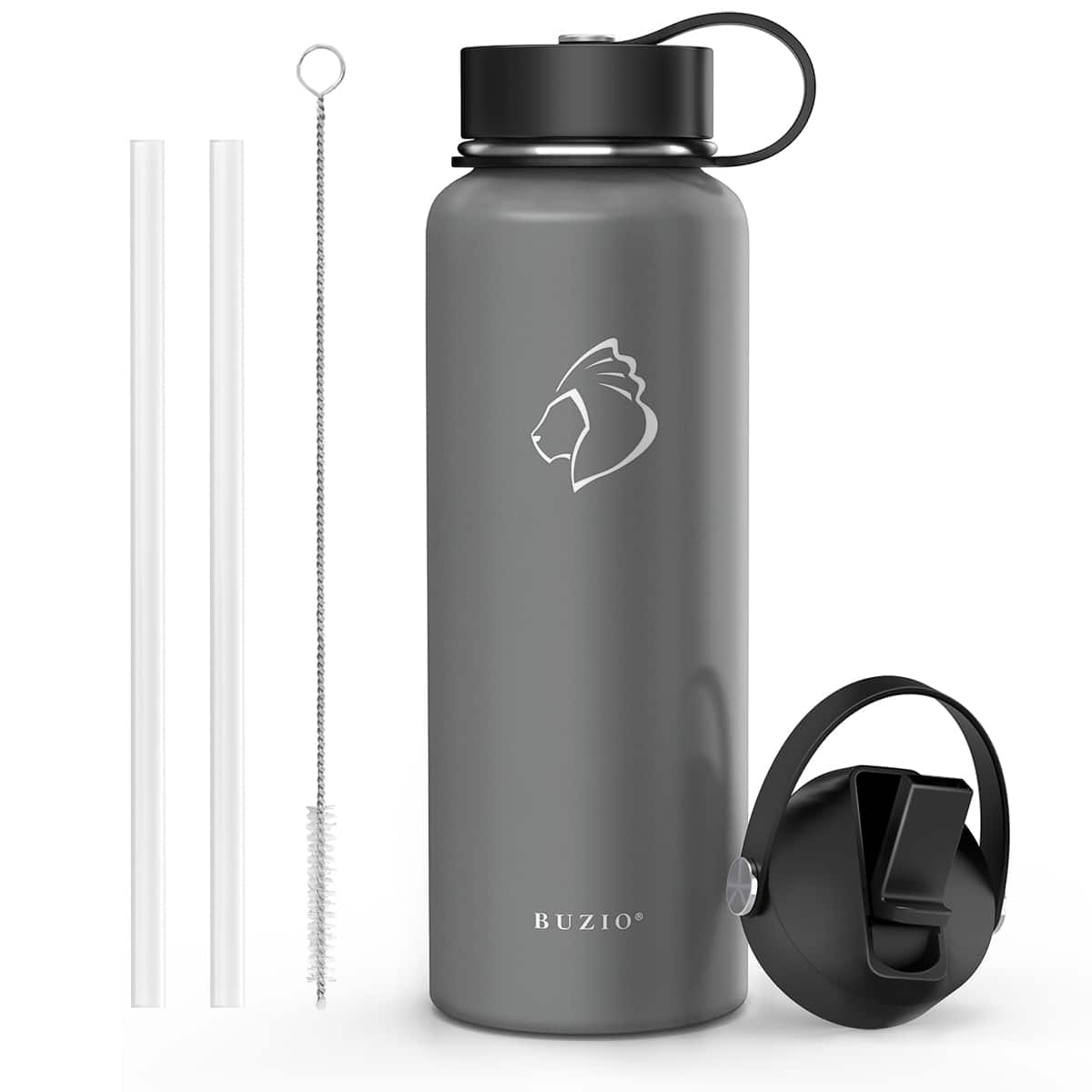 Front. Buzio - Duet Series - 40oz Insulated Water Bottle with Straw Lid and Flex Lid - Gray.