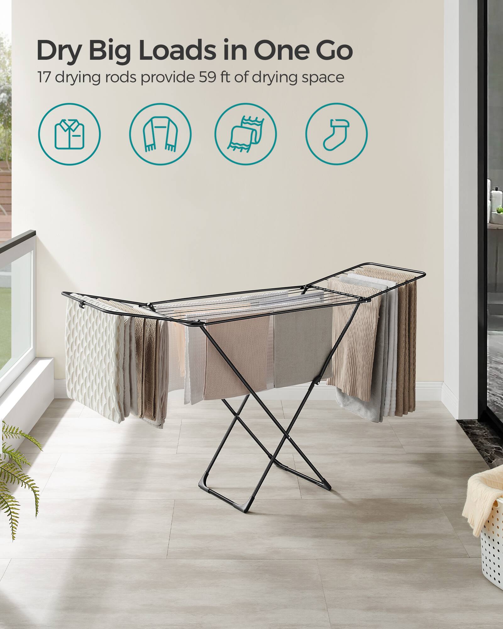 Dry Big Loads in One Go  
17 drying rods provide 59 ft of drying space