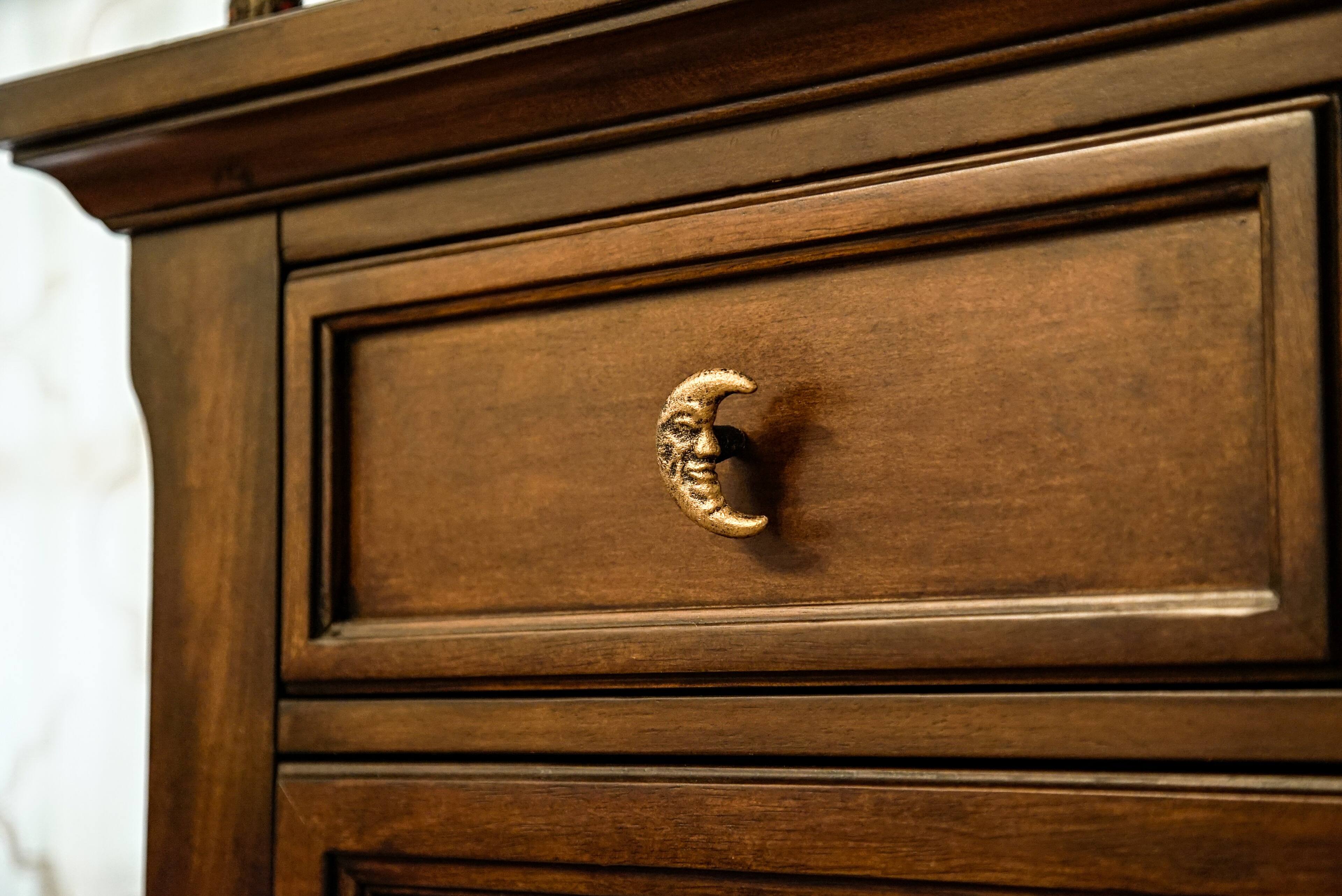 Alt View 4. Zeckos - Set of 6 Gold Cast Iron Crescent Moon Face Drawer Pulls Decorative Cabinet Knobs - Gold.