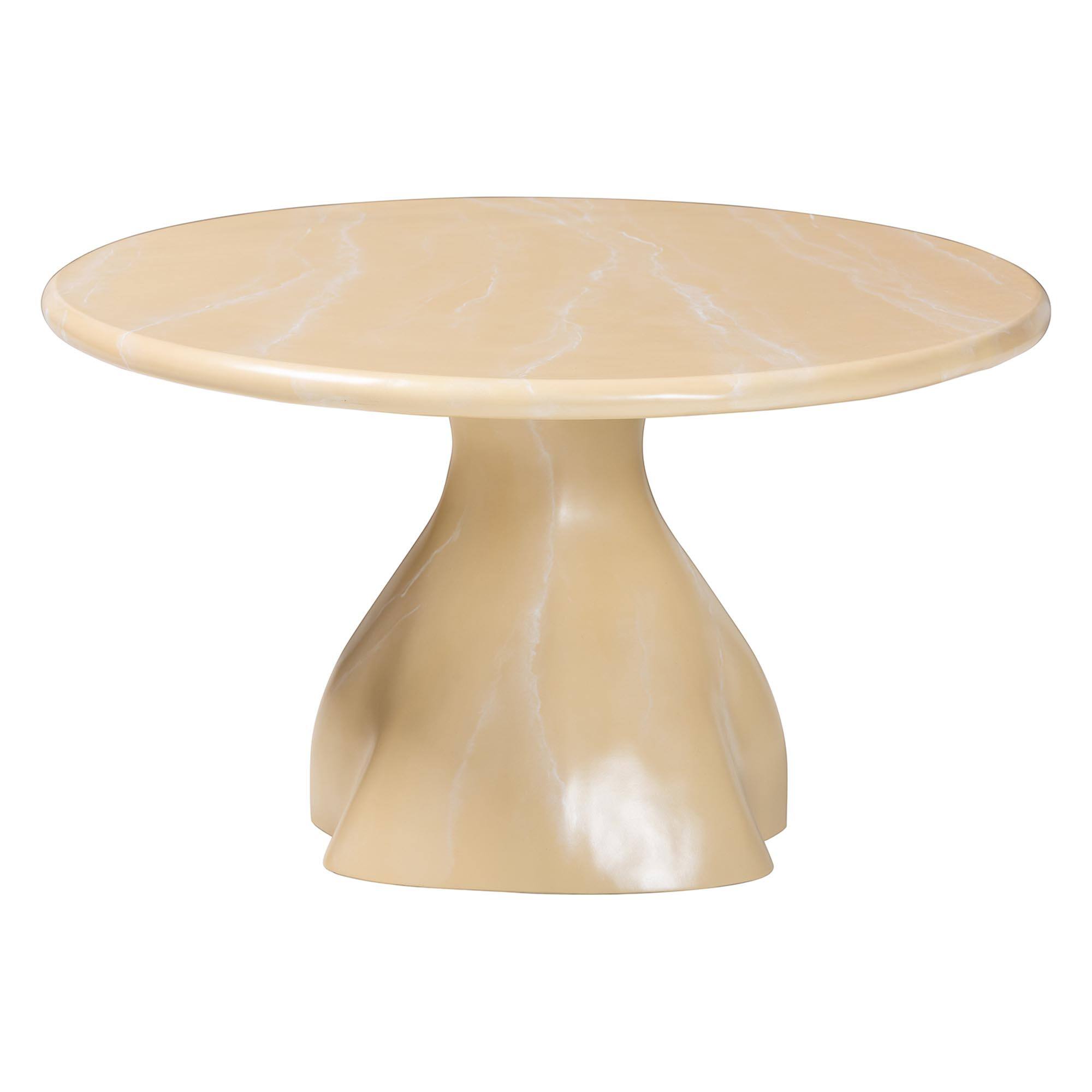 Left. bali & pari - Aponi Marbled Resin Coffee Table - Sculptural Center Table with Round Top and Pedestal Base, Cream - Cream.
