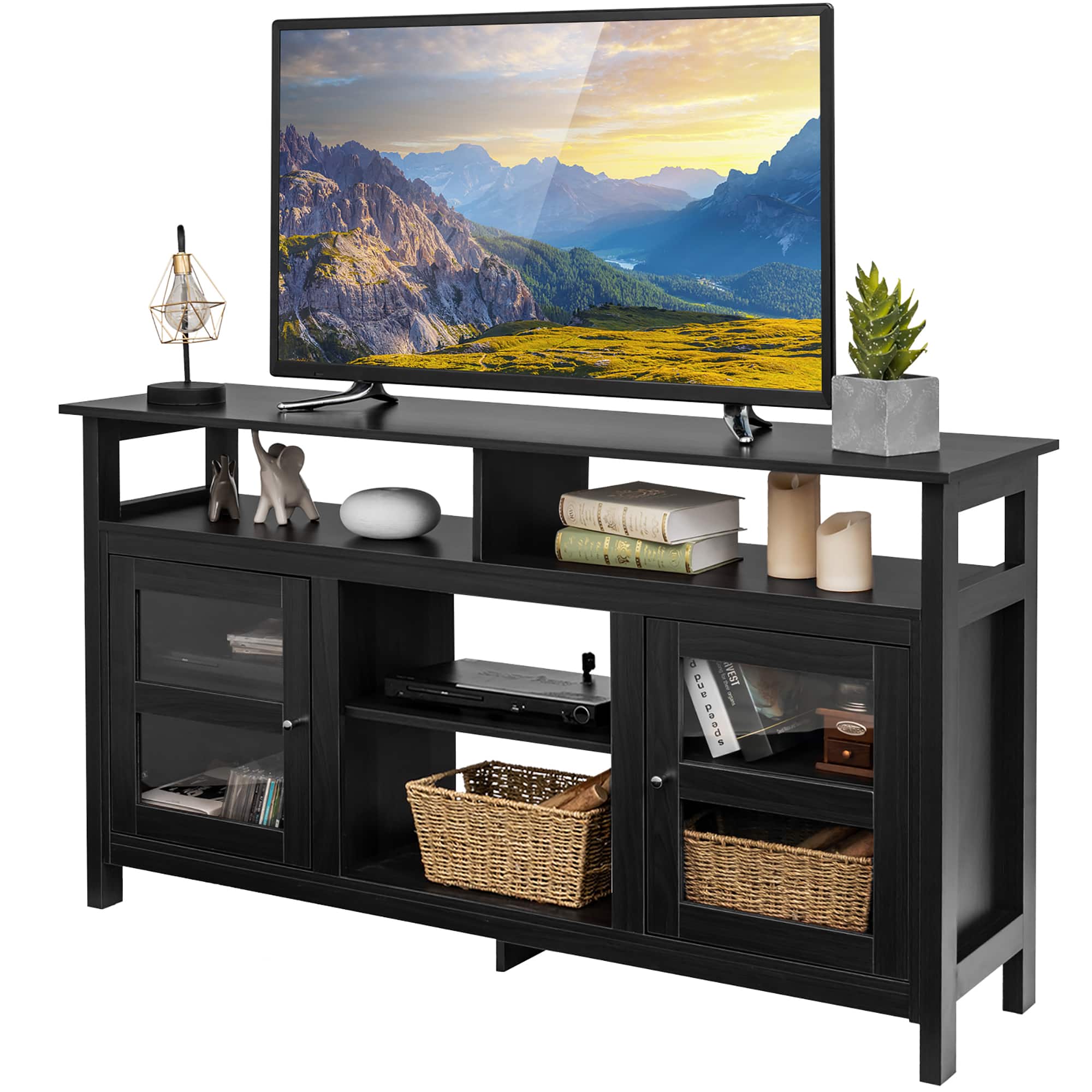 Costway - 58" TV Stand Entertainment Console Center W/ 2 Cabinets Up to 65" - Black