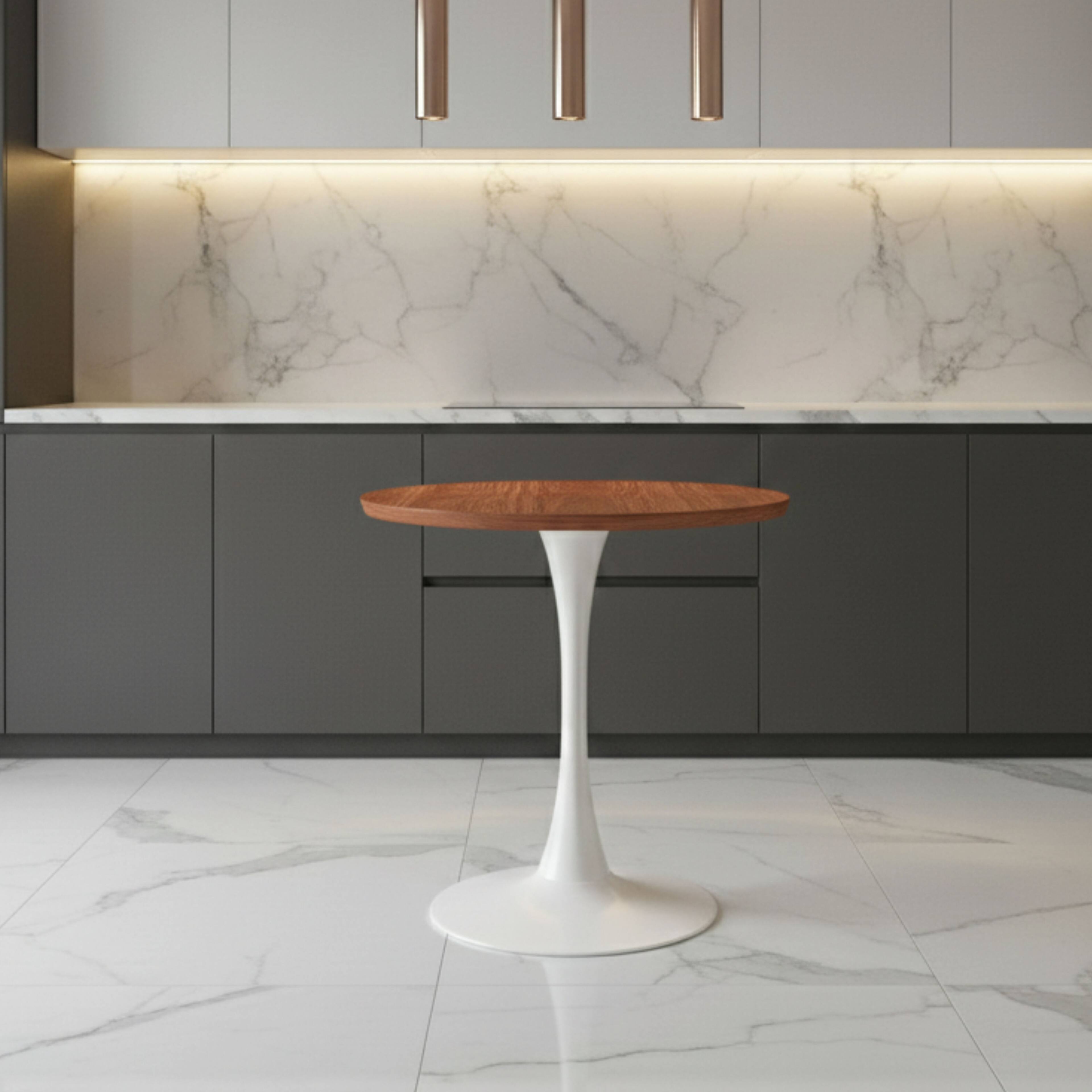 Left. LeisureMod - Bristol 27" Modern Round Dining Table with MDF Wood Top - Sleek Steel Pedestal Base - MDF - Dark Walnut.