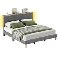 Bestier - Bed Frame -King Size Bed With LED Light & Adjustable Storage Headboard for Bedroom Upholstered Platform - Grey - Front_Zoom
